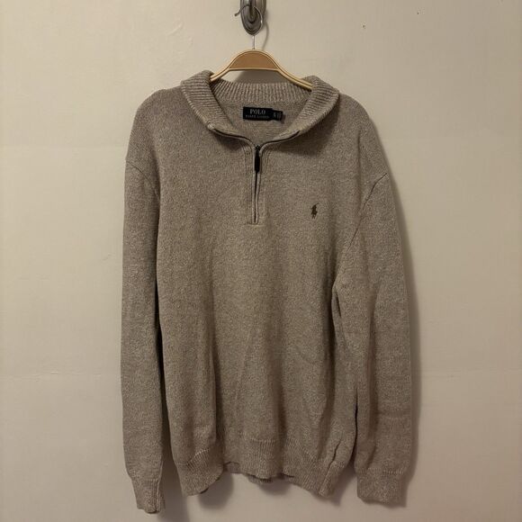 Polo Ralph Lauren Men's 1/4 Zip Sweater 2X Brown Beige Thick Knit 100% Cotton - Picture 1 of 6